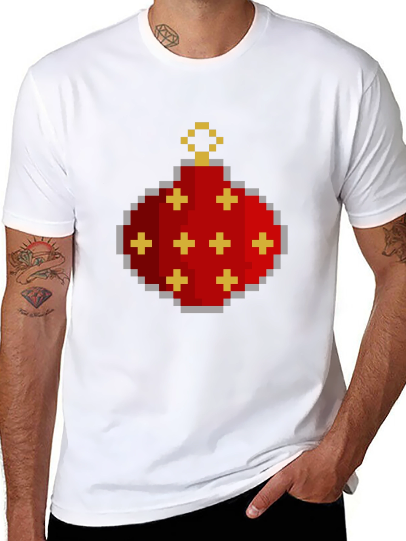 Pixelated Christmas Ornament Graphic Tee - Black