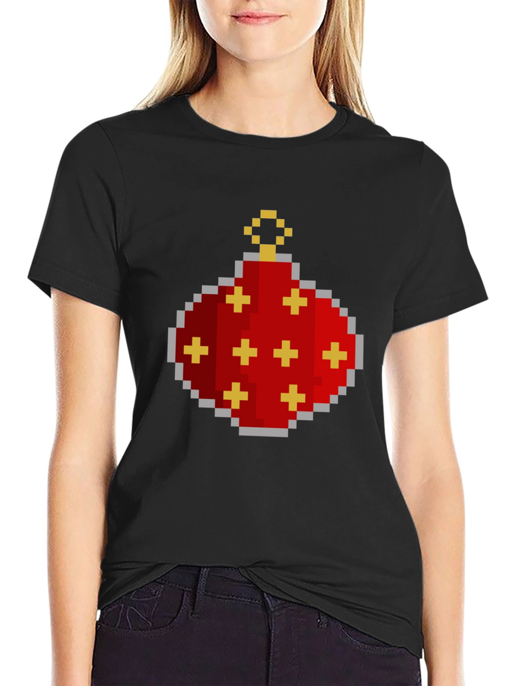 Pixelated Christmas Ornament Graphic Tee - Black