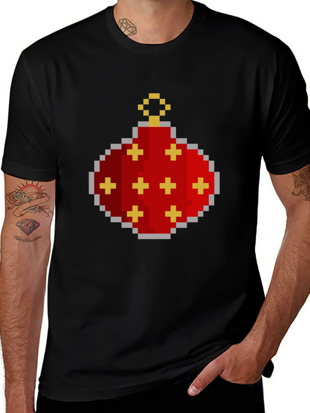 Pixelated Christmas Ornament Graphic Tee - Black