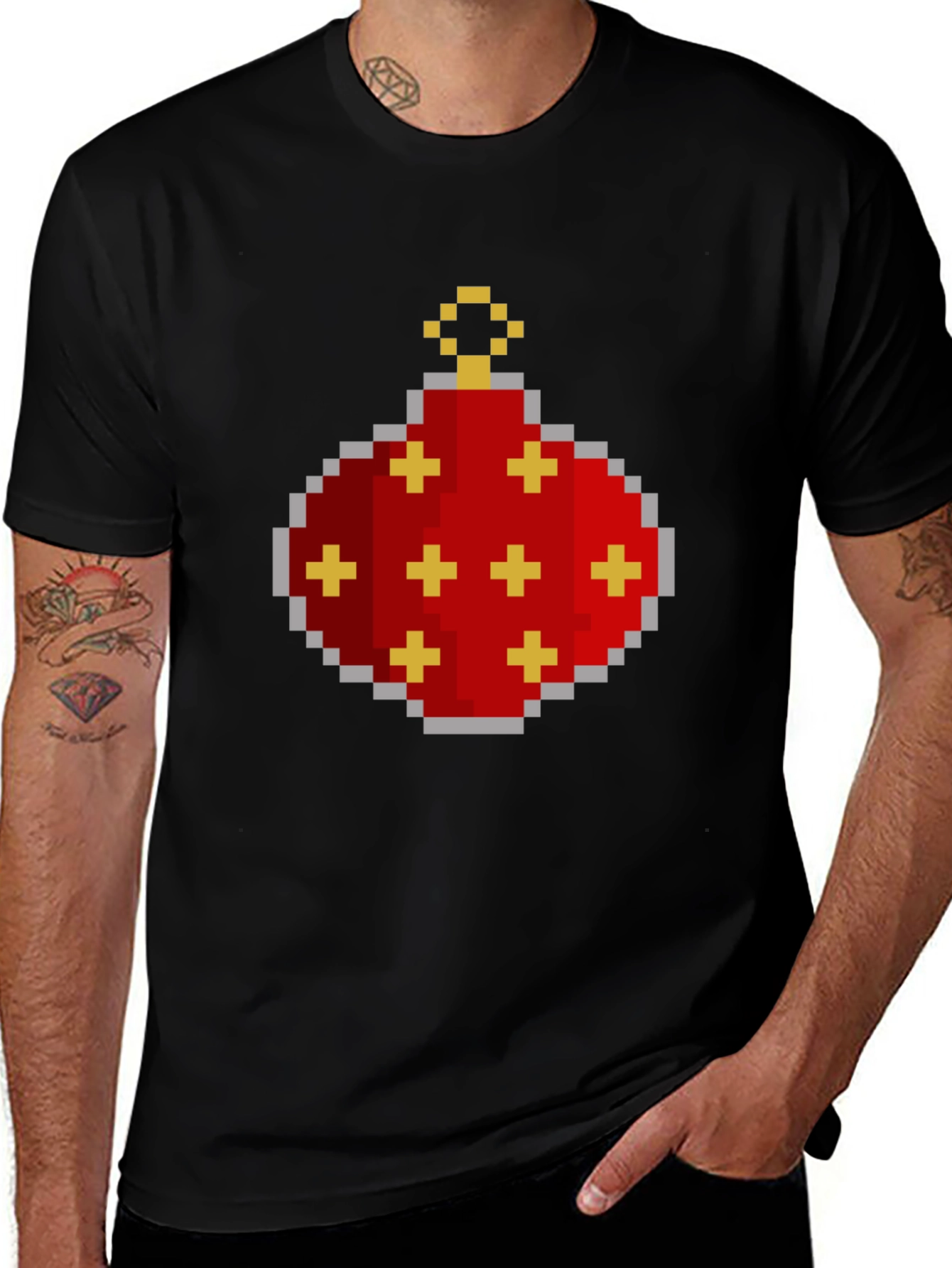 Pixelated Christmas Ornament Graphic Tee - Black