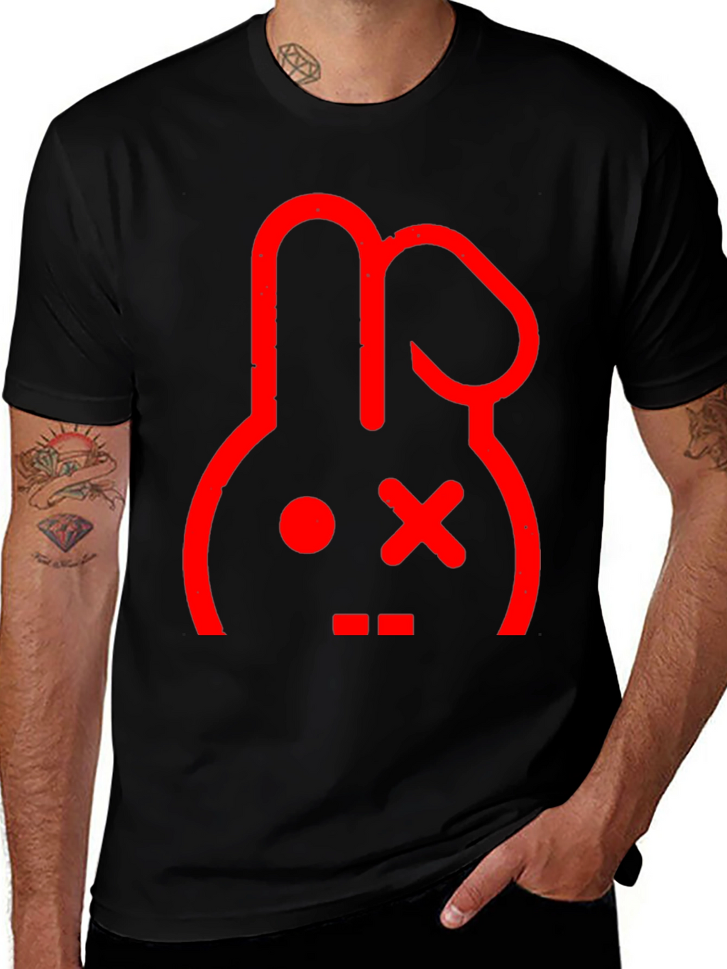 Red Rabbit Graphic Print Black T-Shirt