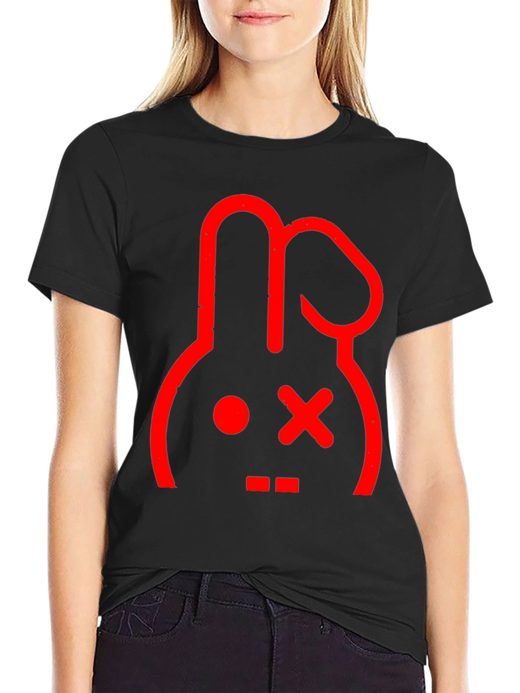 Red Rabbit Graphic Print Black T-Shirt