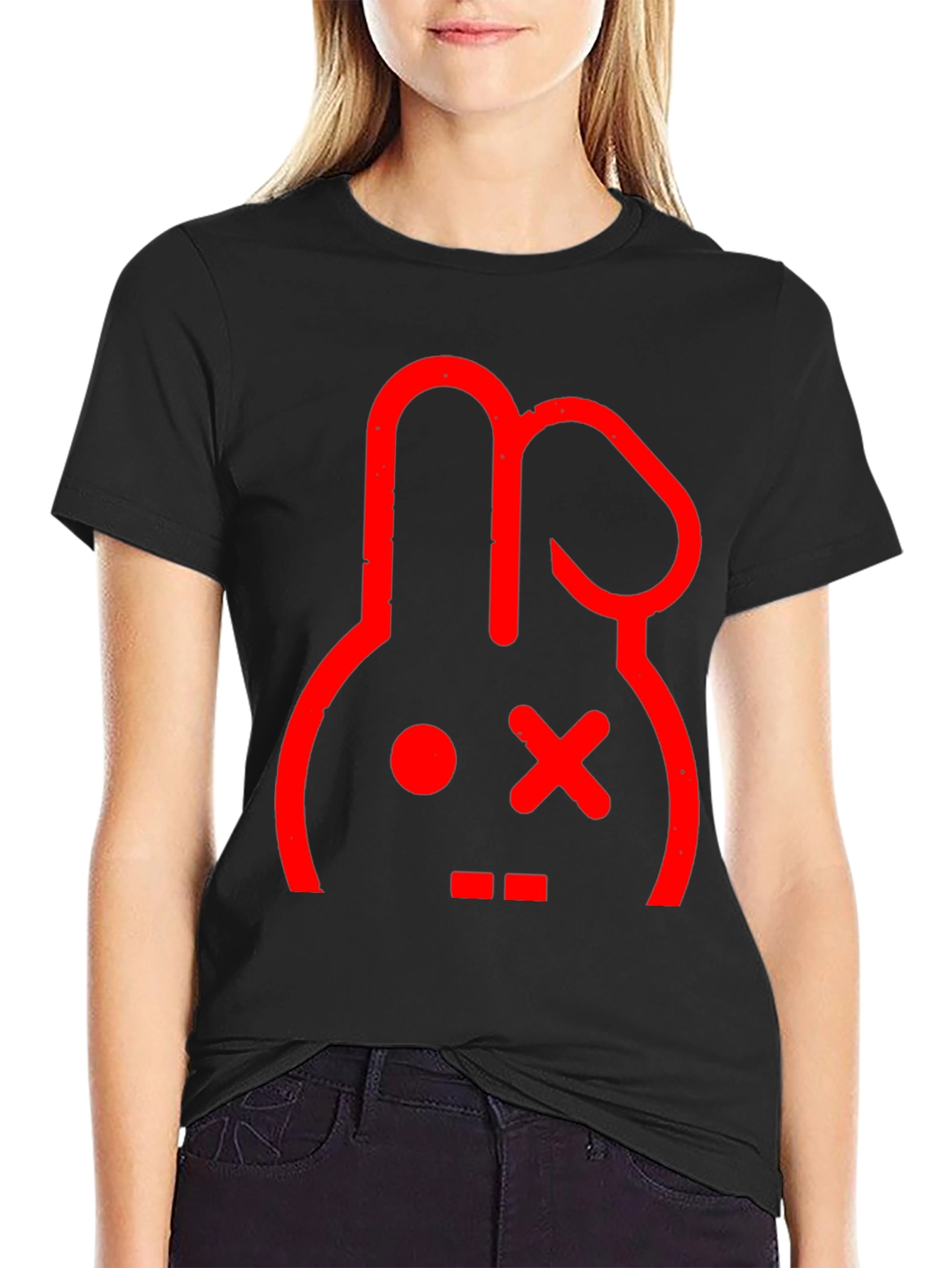 Red Rabbit Graphic Print Black T-Shirt