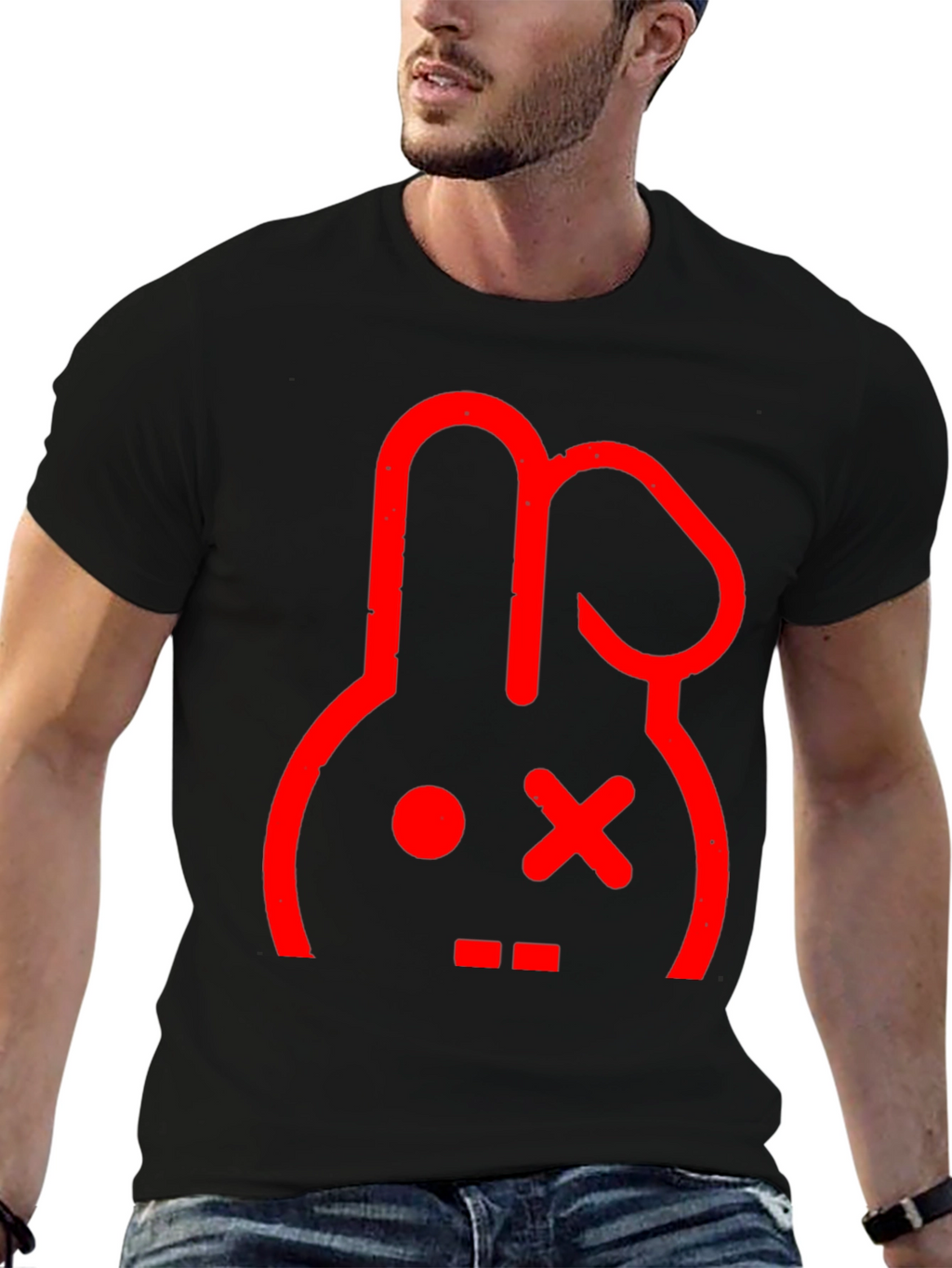 Red Rabbit Graphic Print Black T-Shirt
