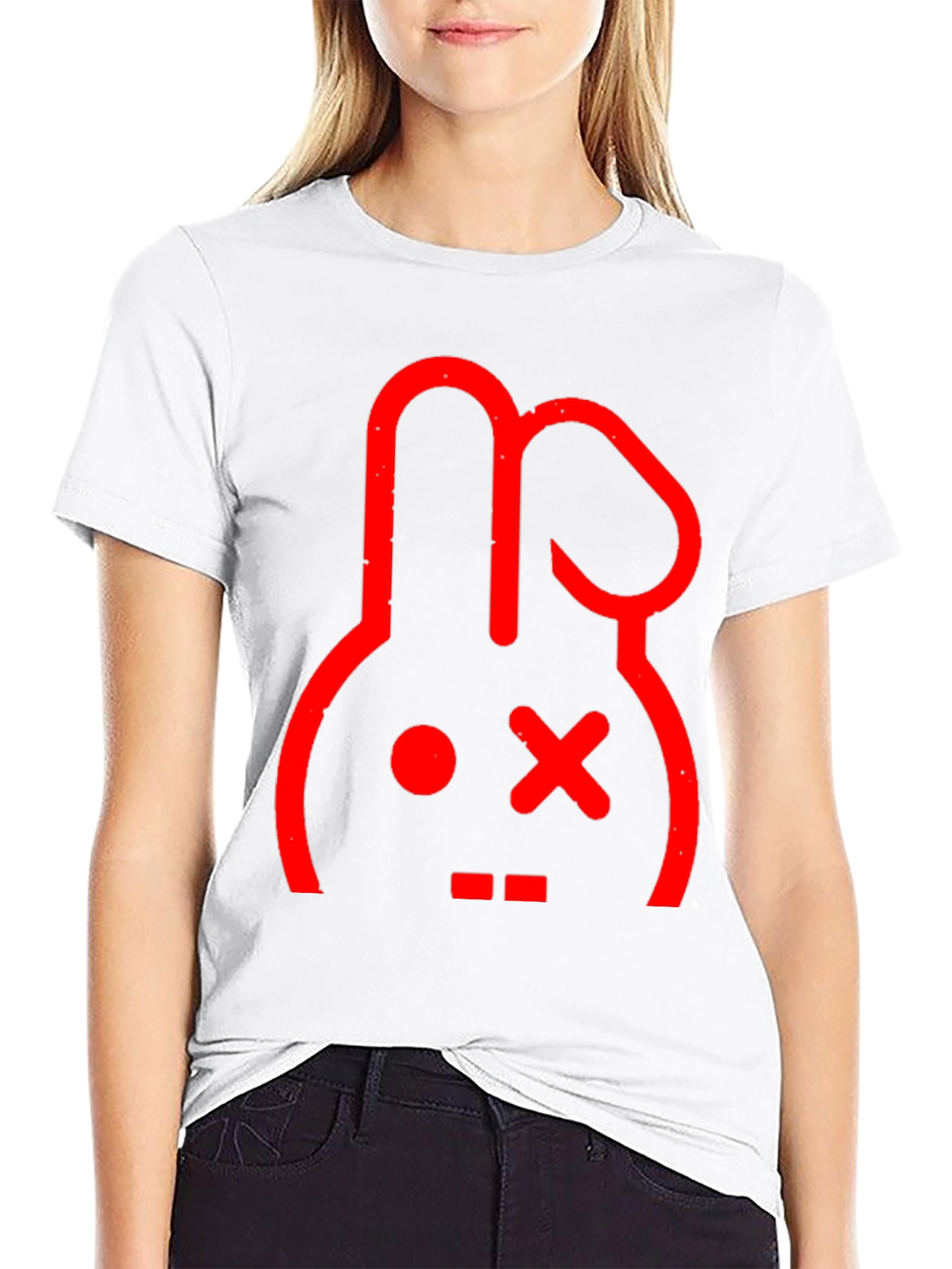 Red Rabbit Graphic Print Black T-Shirt
