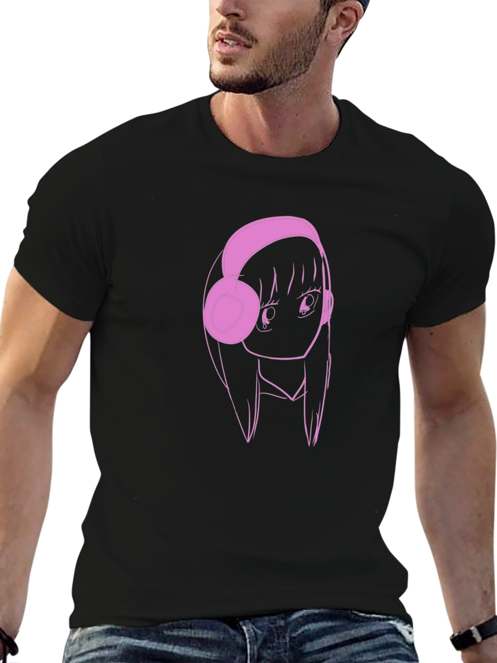 Anime Girl Pink Headphones Black T-Shirt