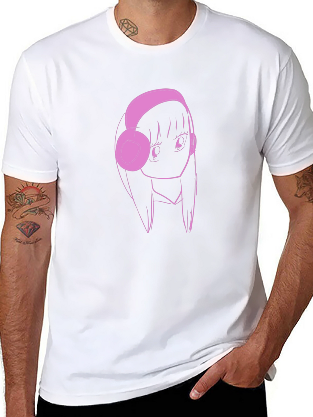 Anime Girl Pink Headphones Black T-Shirt