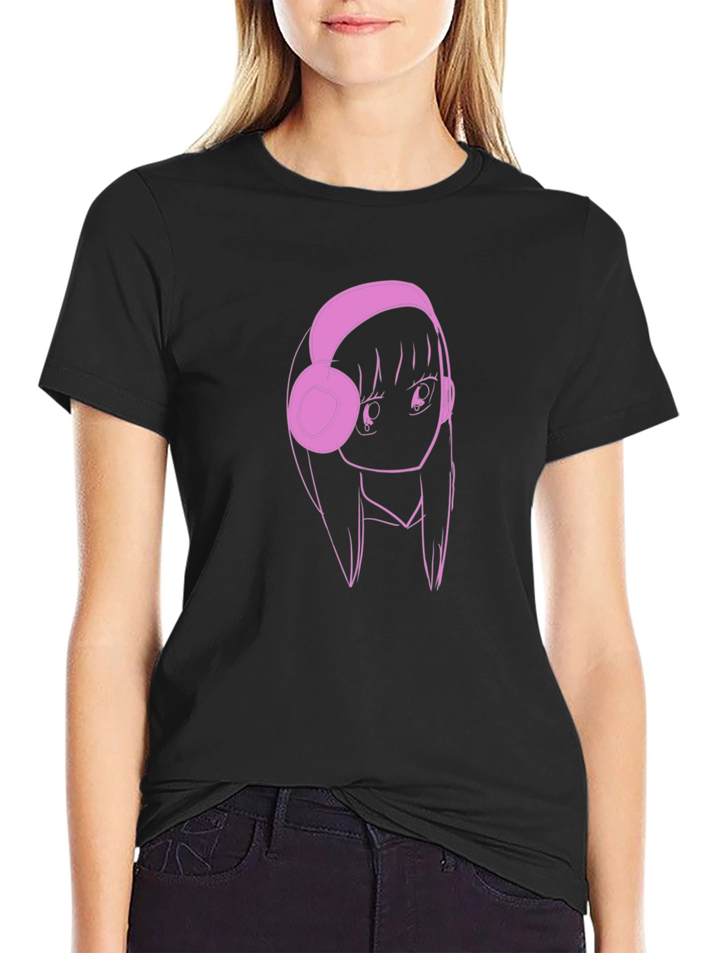 Anime Girl Pink Headphones Black T-Shirt