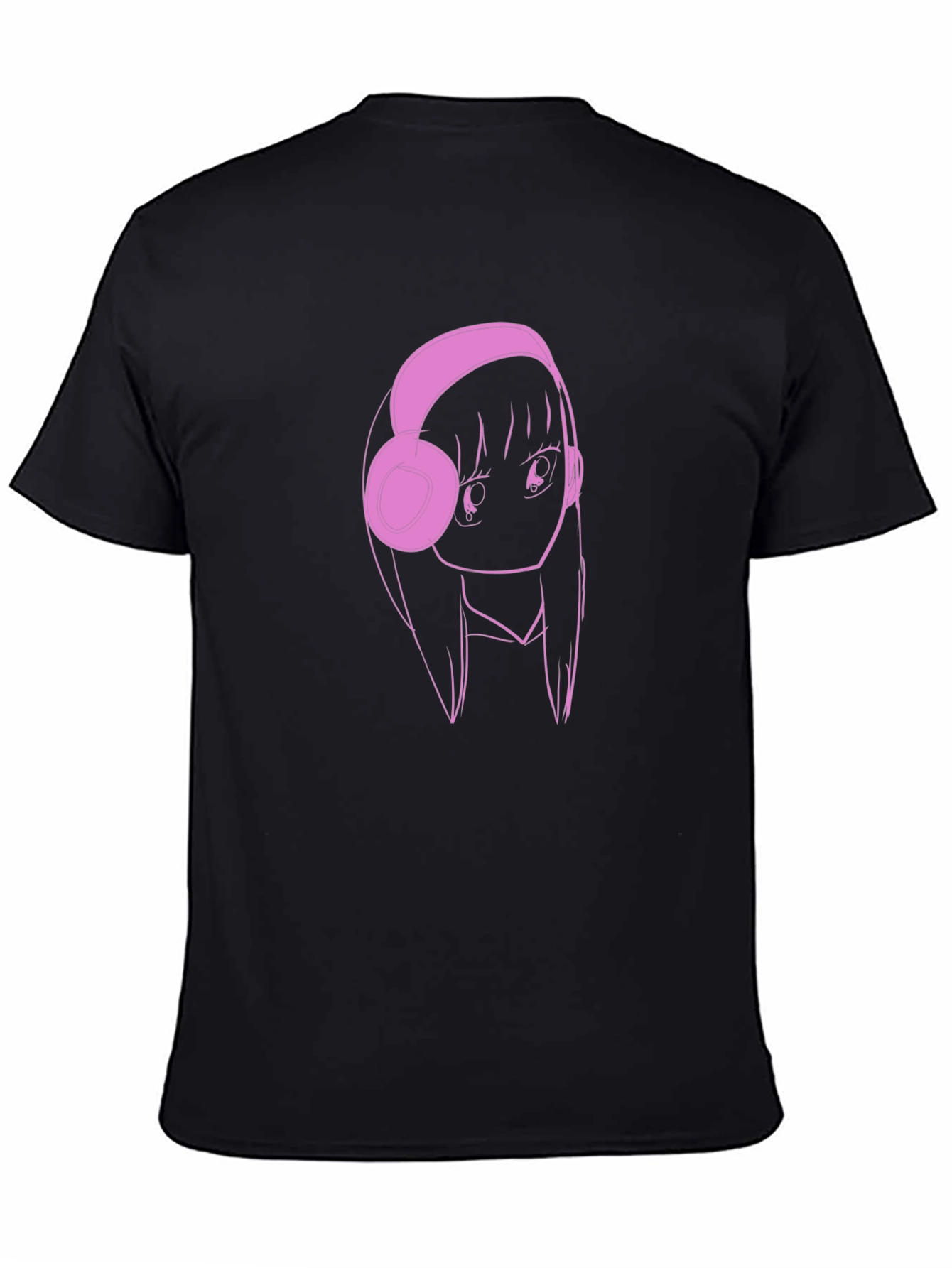 Anime Girl Pink Headphones Black T-Shirt