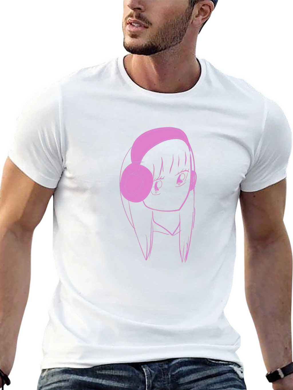 Anime Girl Pink Headphones Black T-Shirt