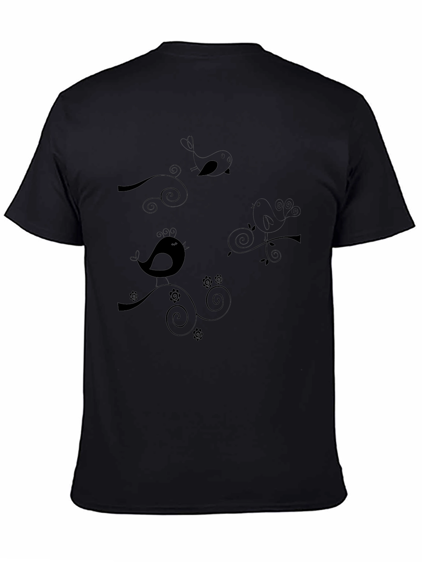 Stylish Black T-Shirt with Bird & Swirl Design