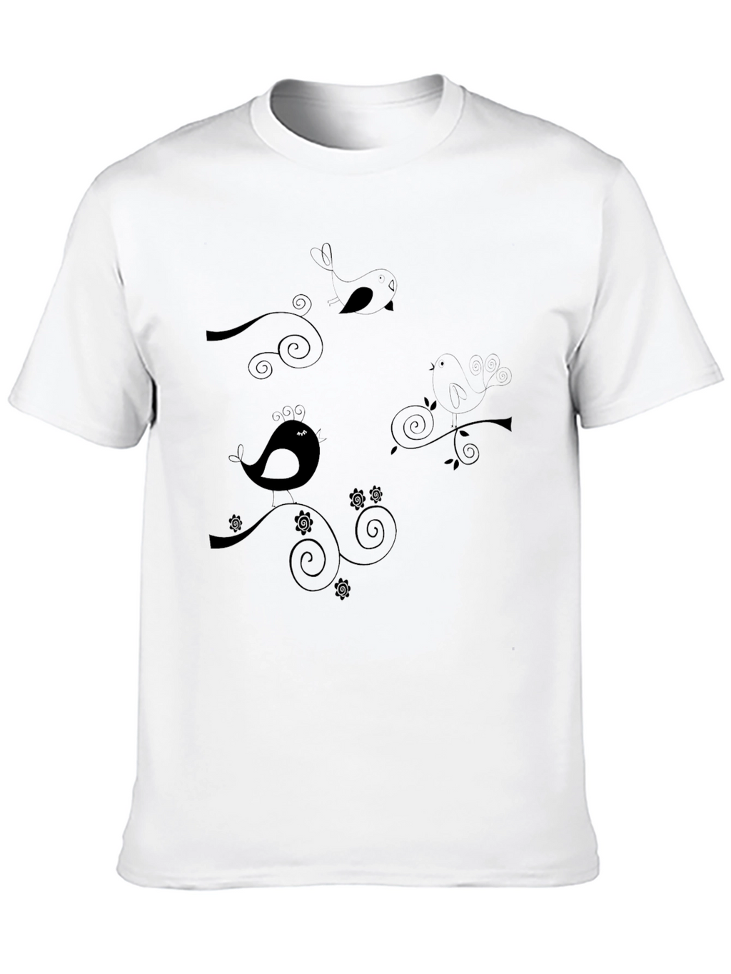 Stylish Black T-Shirt with Bird & Swirl Design