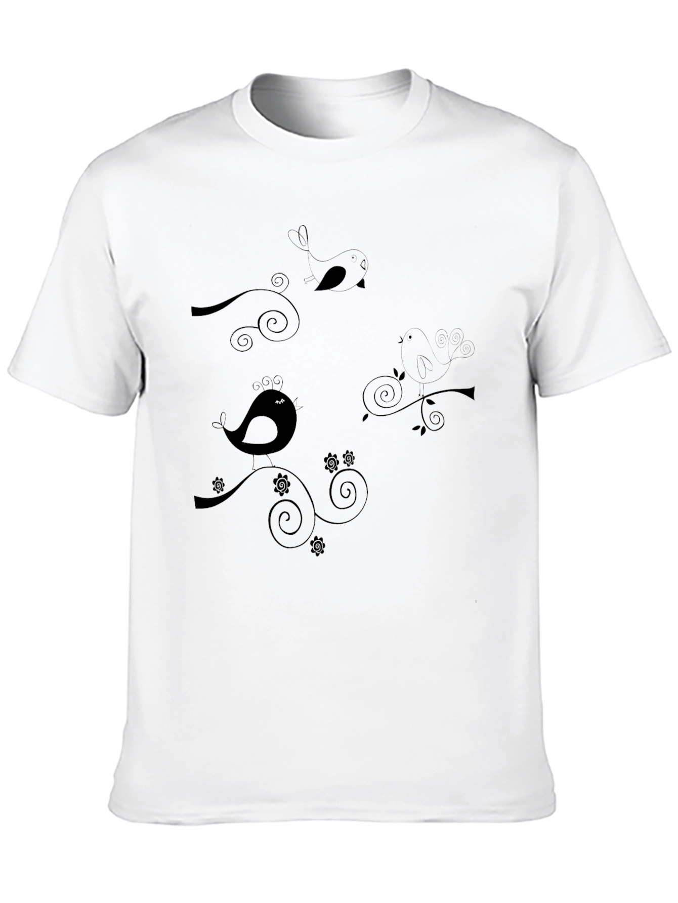 Stylish Black T-Shirt with Bird & Swirl Design