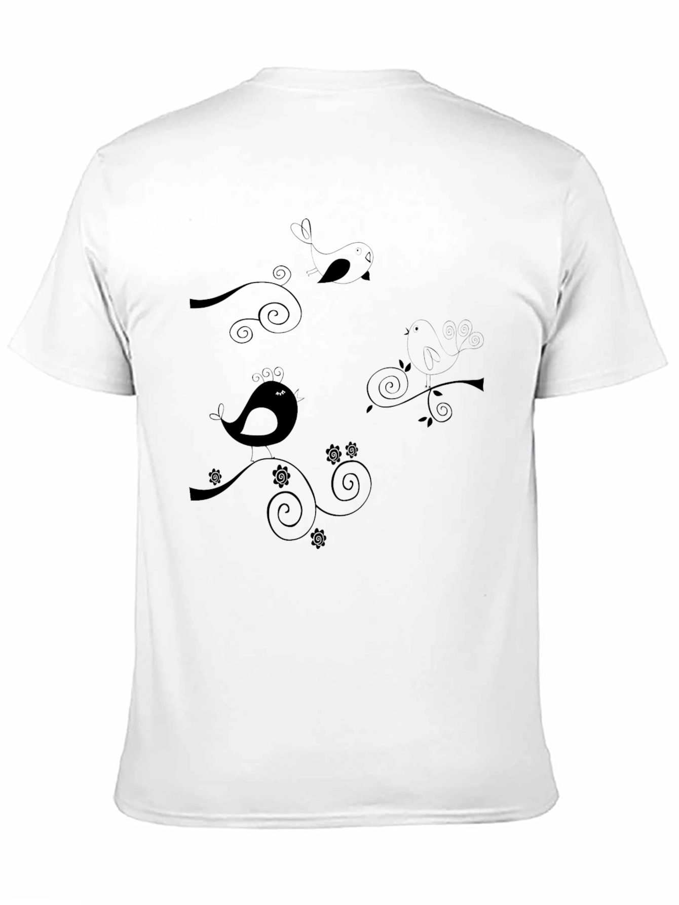 Stylish Black T-Shirt with Bird & Swirl Design