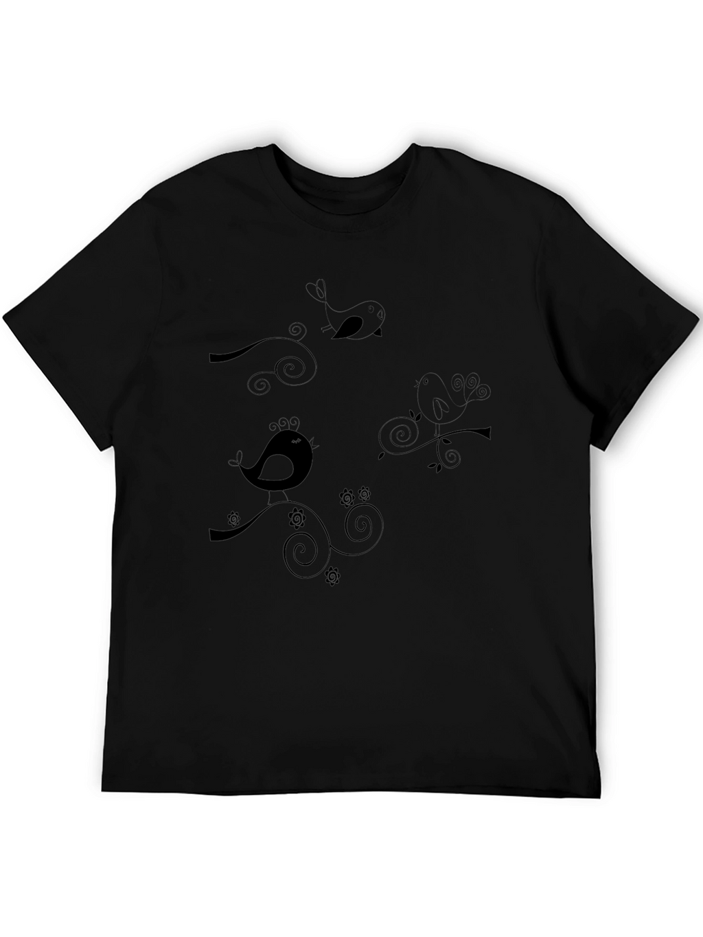 Stylish Black T-Shirt with Bird & Swirl Design