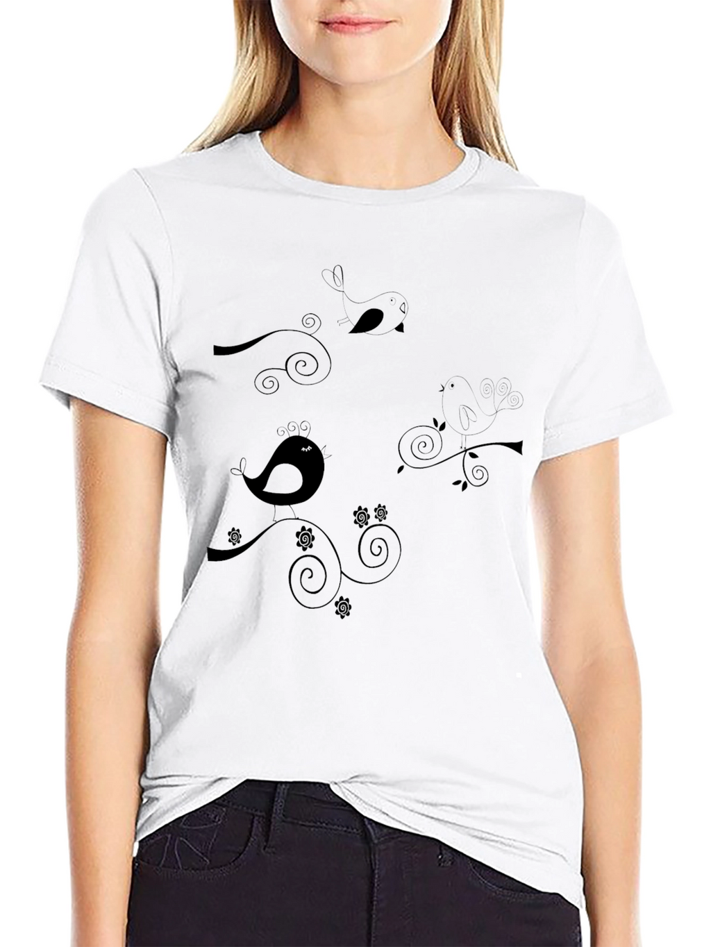 Stylish Black T-Shirt with Bird & Swirl Design