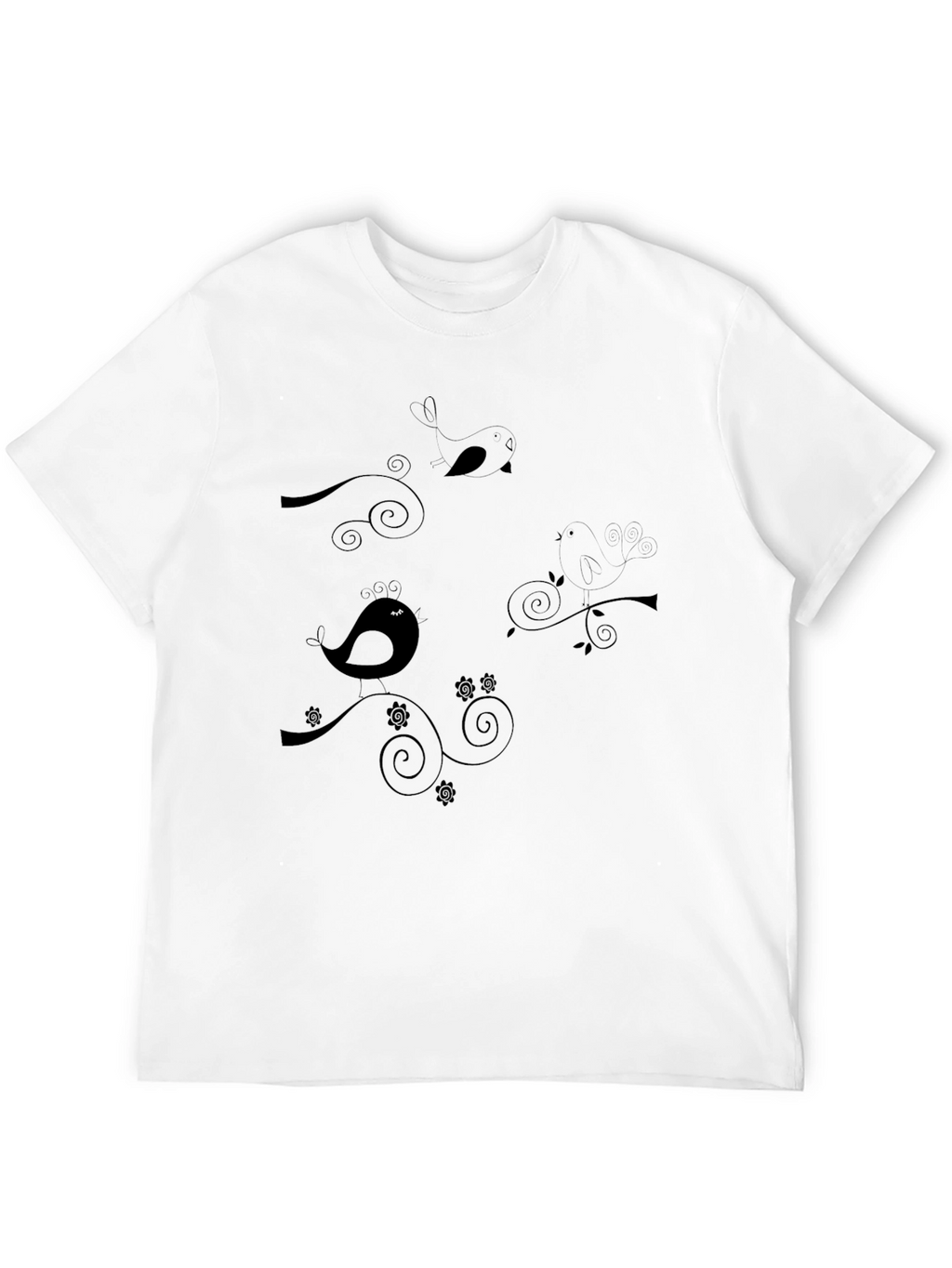 Stylish Black T-Shirt with Bird & Swirl Design