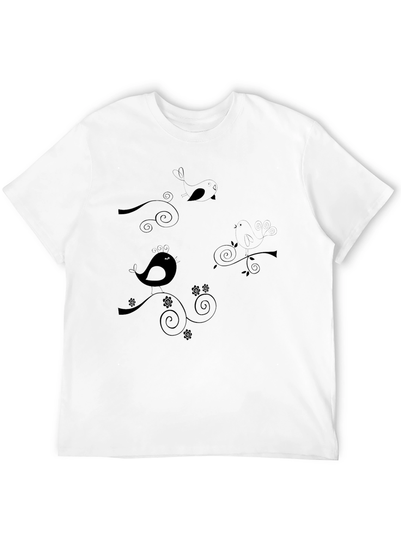 Stylish Black T-Shirt with Bird & Swirl Design