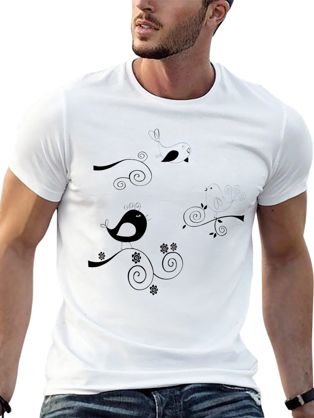 Stylish Black T-Shirt with Bird & Swirl Design