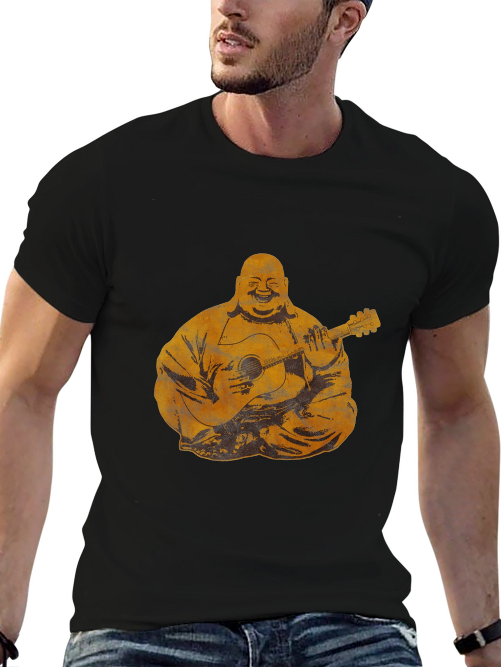 Buddha Playing Guitar Graphic Tee - Black