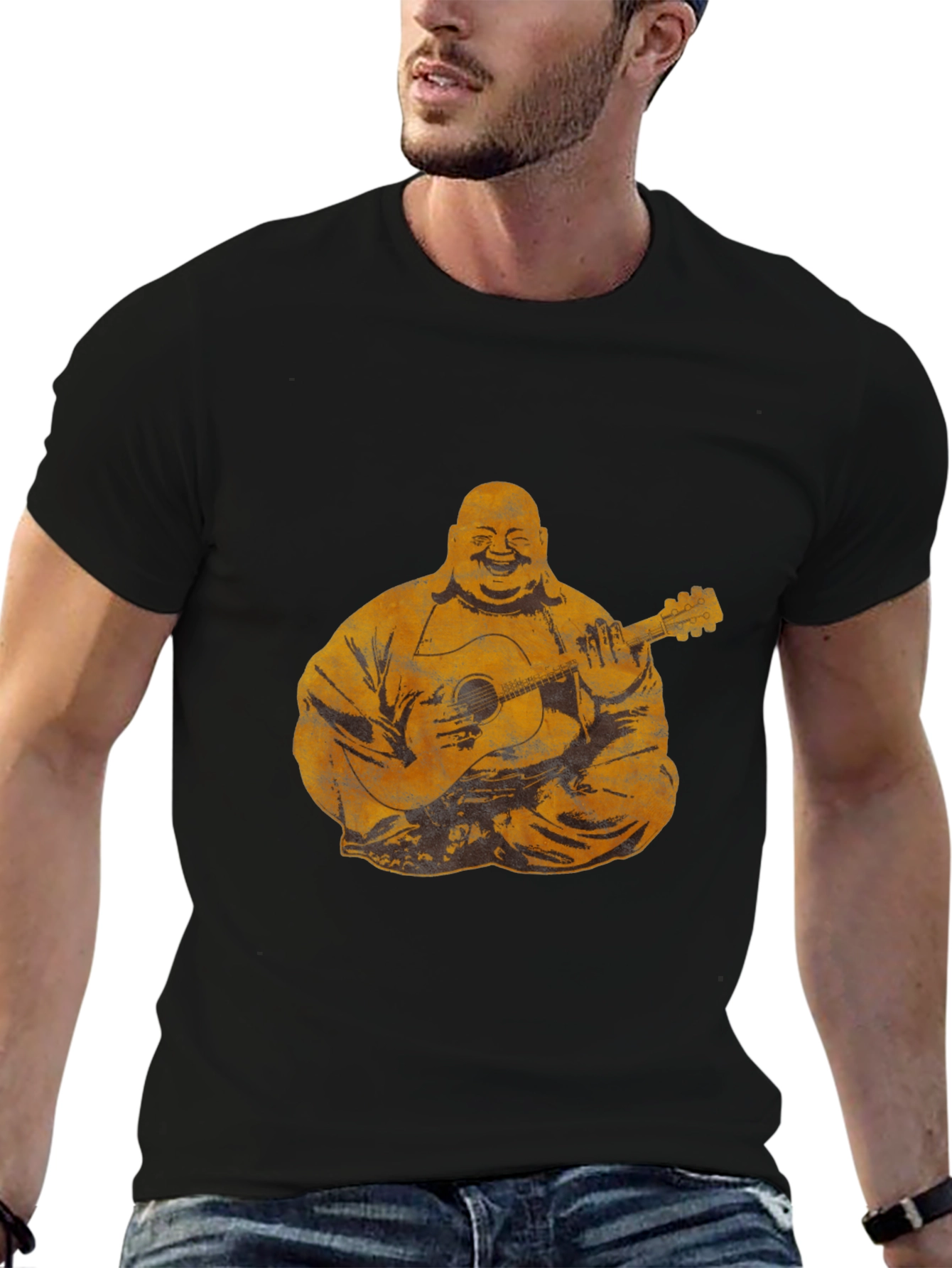 Buddha Playing Guitar Graphic Tee - Black