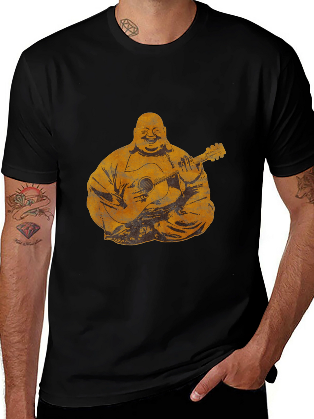 Buddha Playing Guitar Graphic Tee - Black