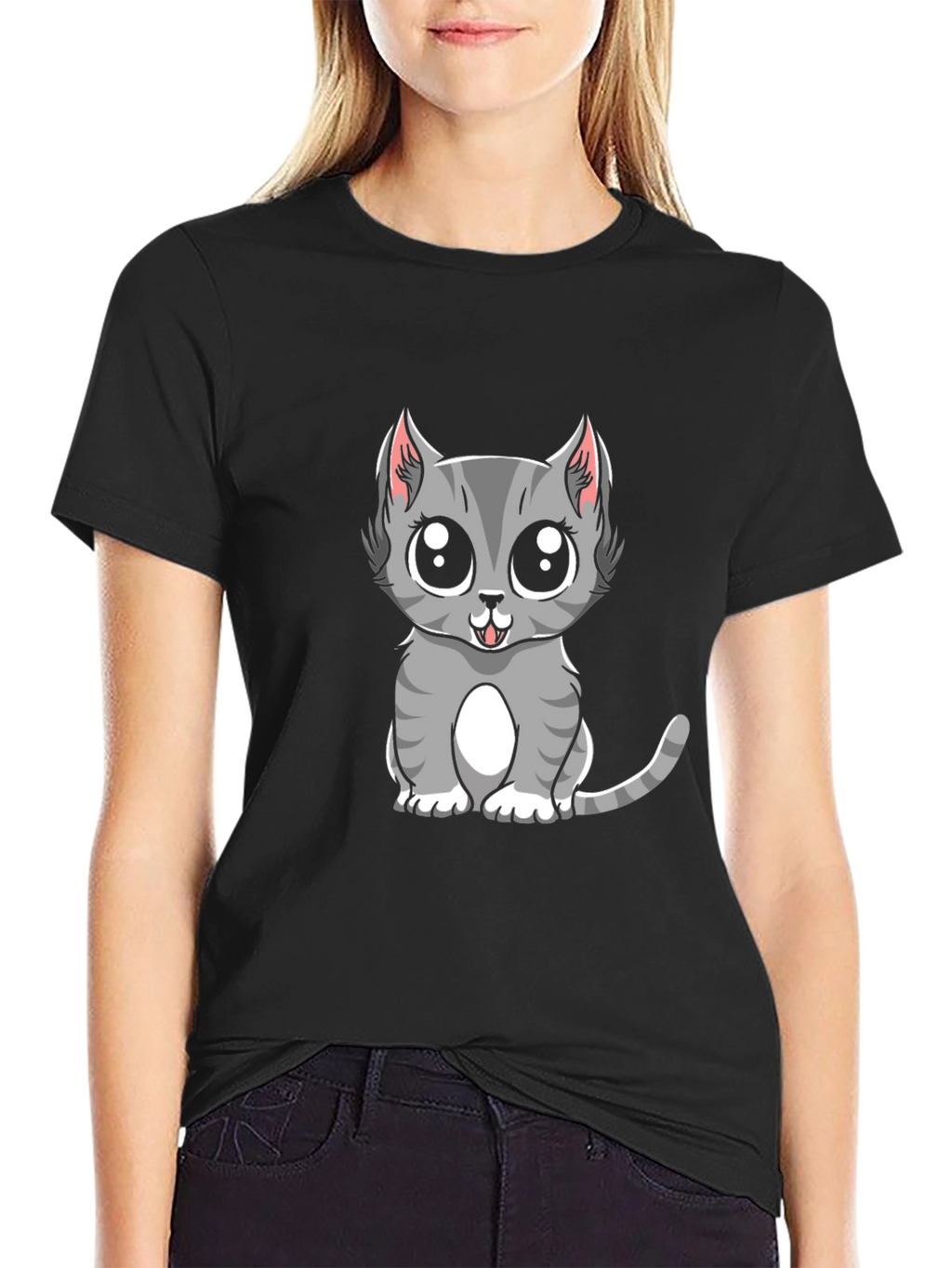 Cute Gray Cat Cartoon Graphic T-Shirt