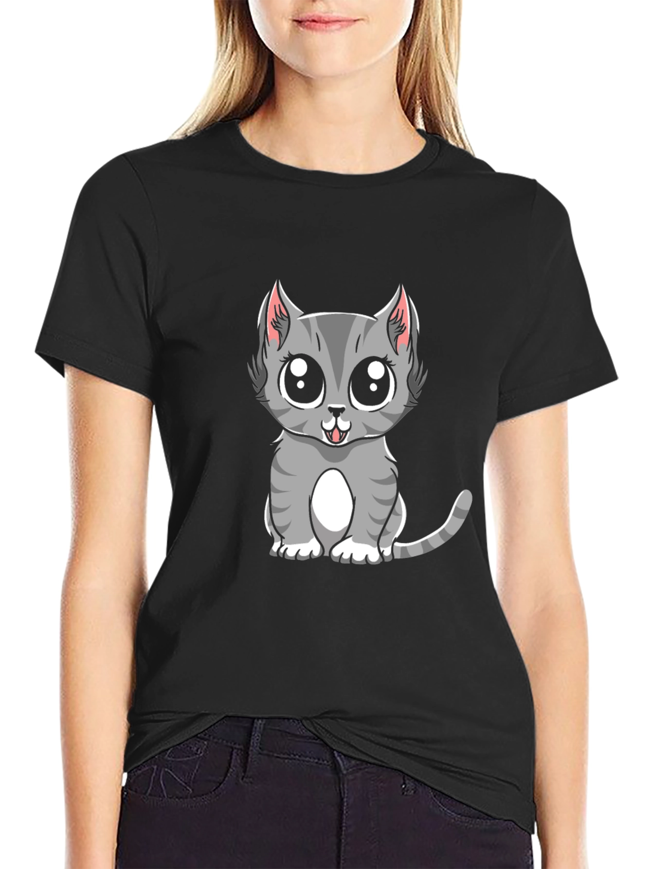 Cute Gray Cat Cartoon Graphic T-Shirt