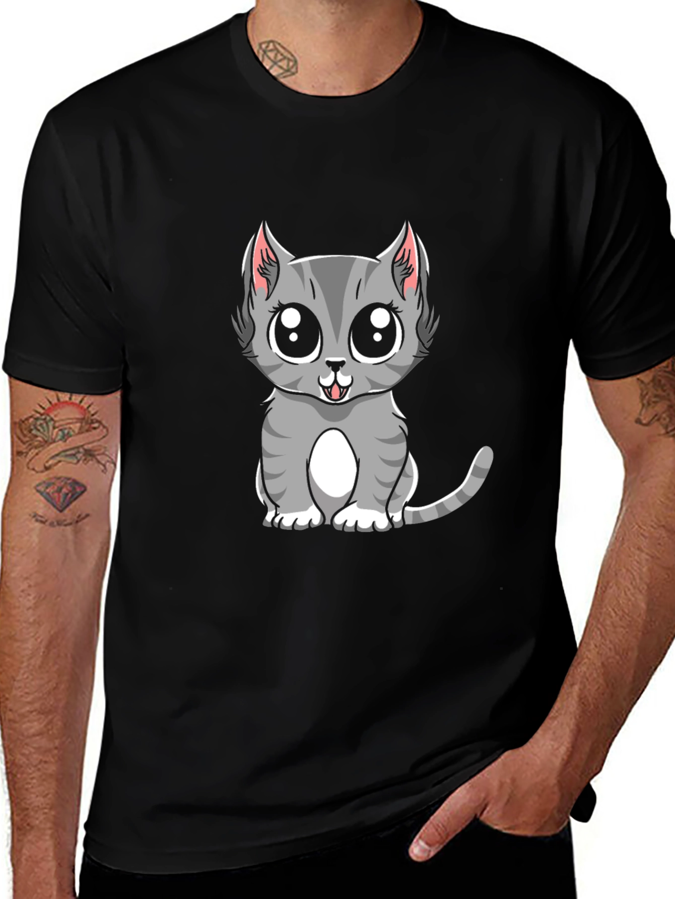 Cute Gray Cat Cartoon Graphic T-Shirt