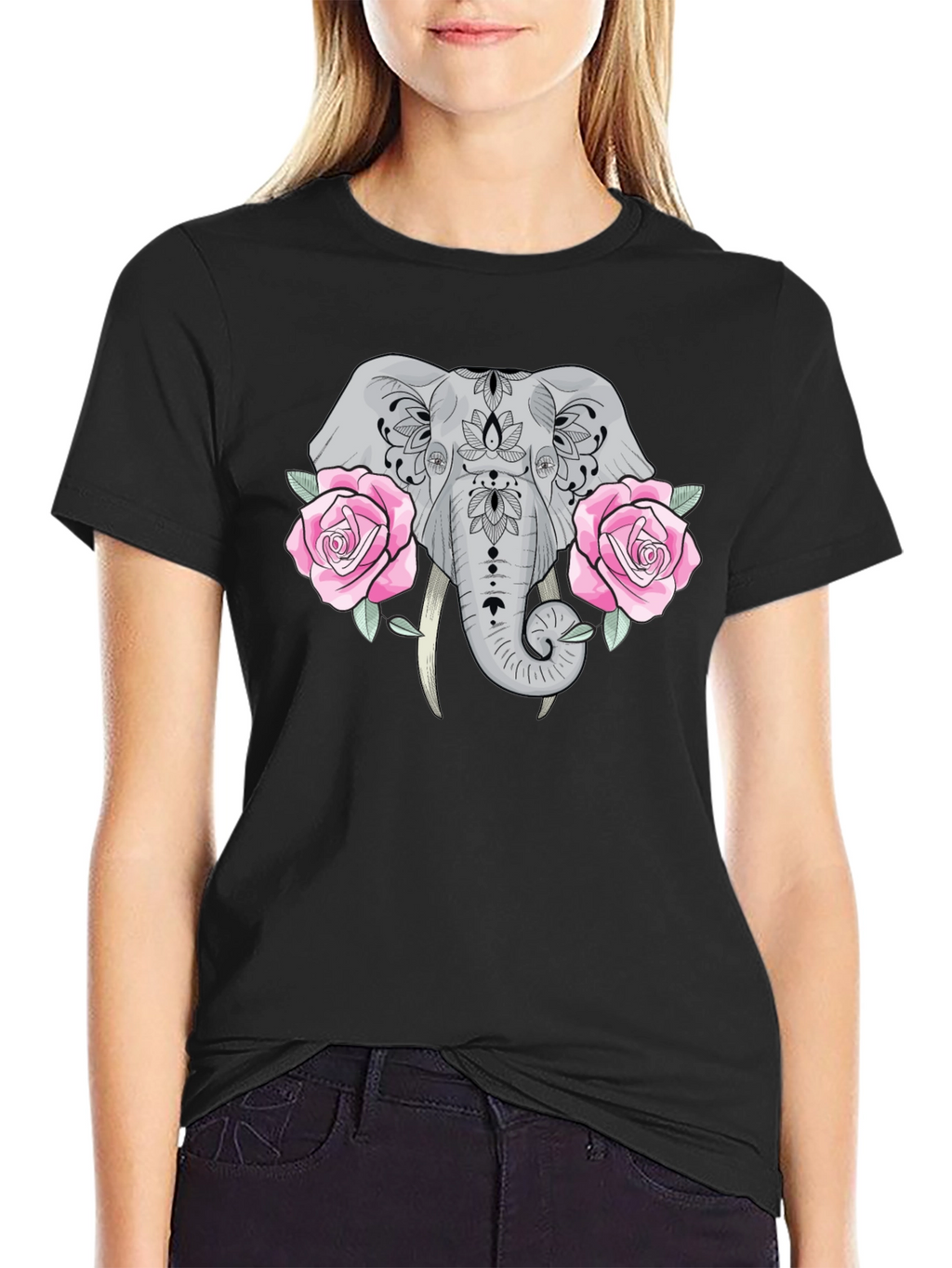 Elephant & Roses Graphic Black T-Shirt