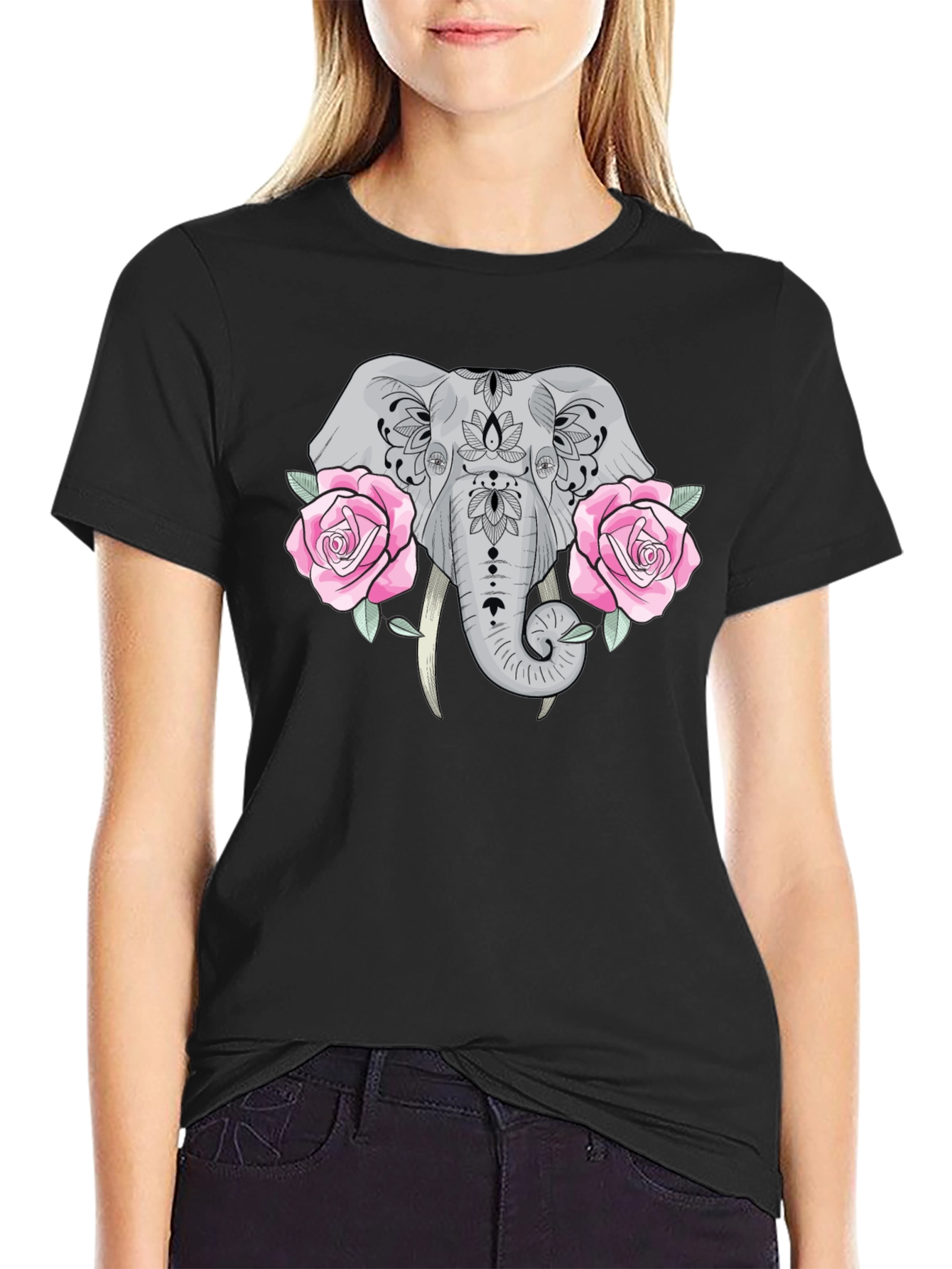 Elephant & Roses Graphic Black T-Shirt