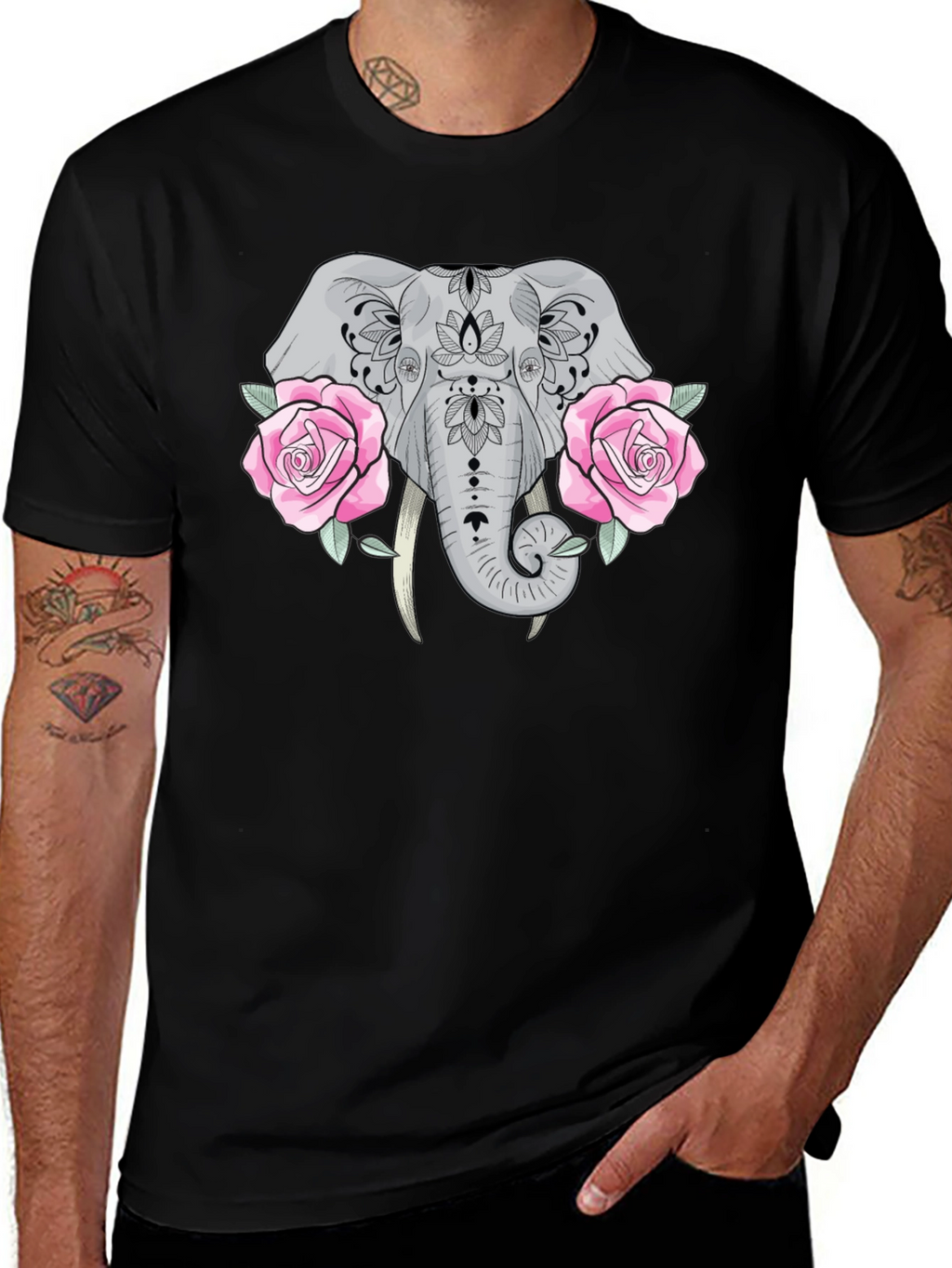 Elephant & Roses Graphic Black T-Shirt