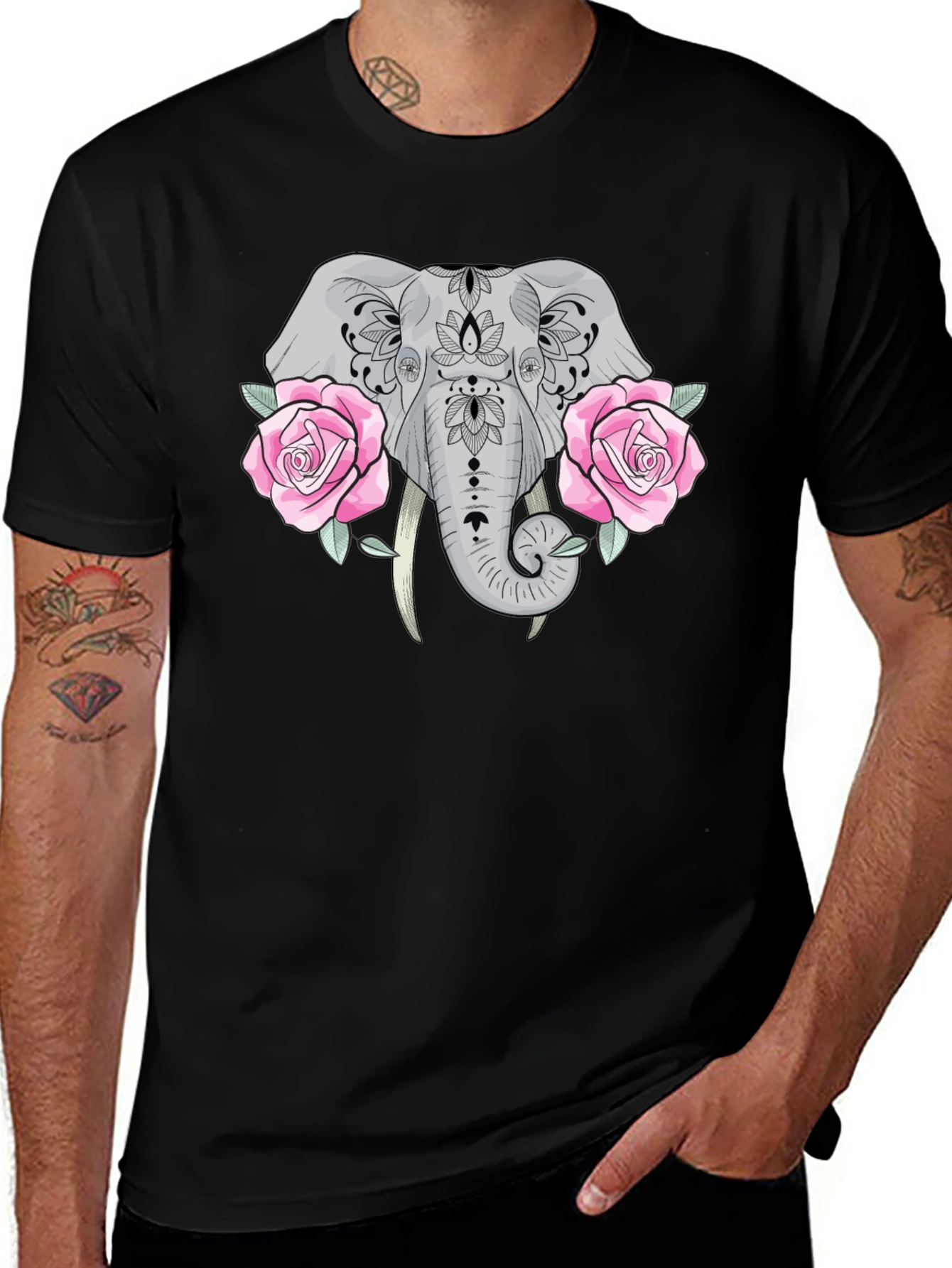 Elephant & Roses Graphic Black T-Shirt