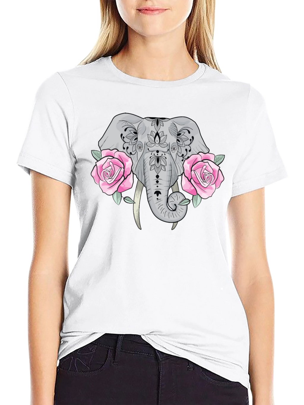 Elephant & Roses Graphic Black T-Shirt