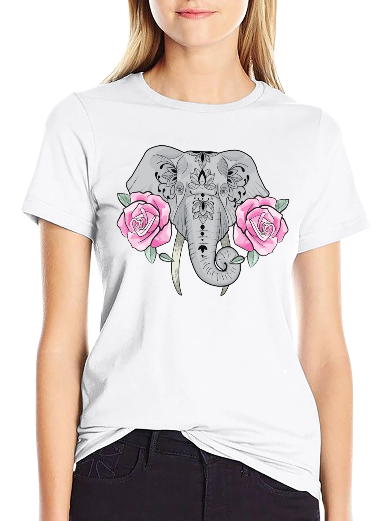 Elephant & Roses Graphic Black T-Shirt