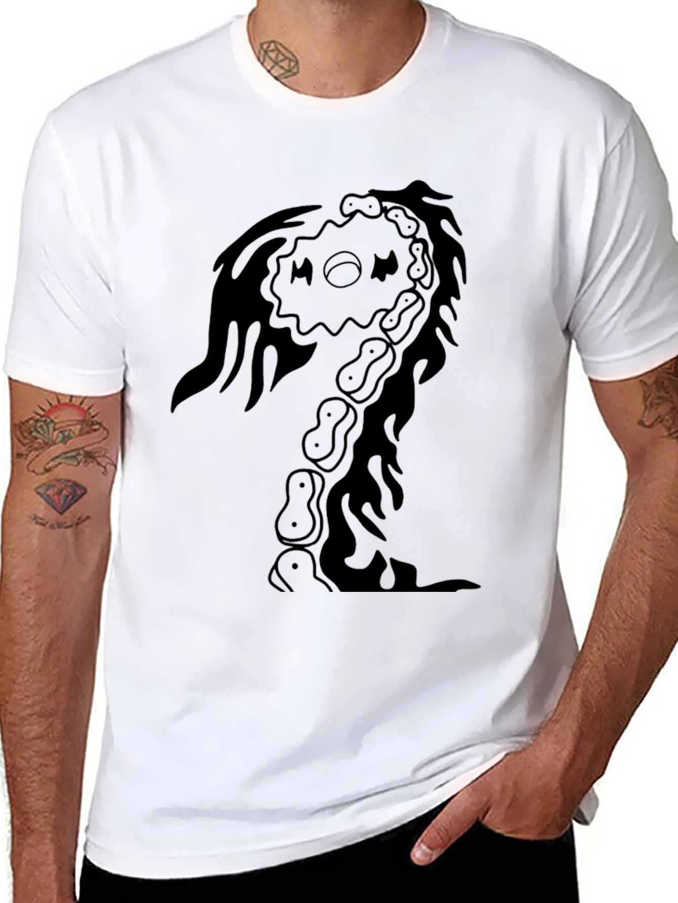 Mens Black Graphic Tee - Abstract Skeleton Design