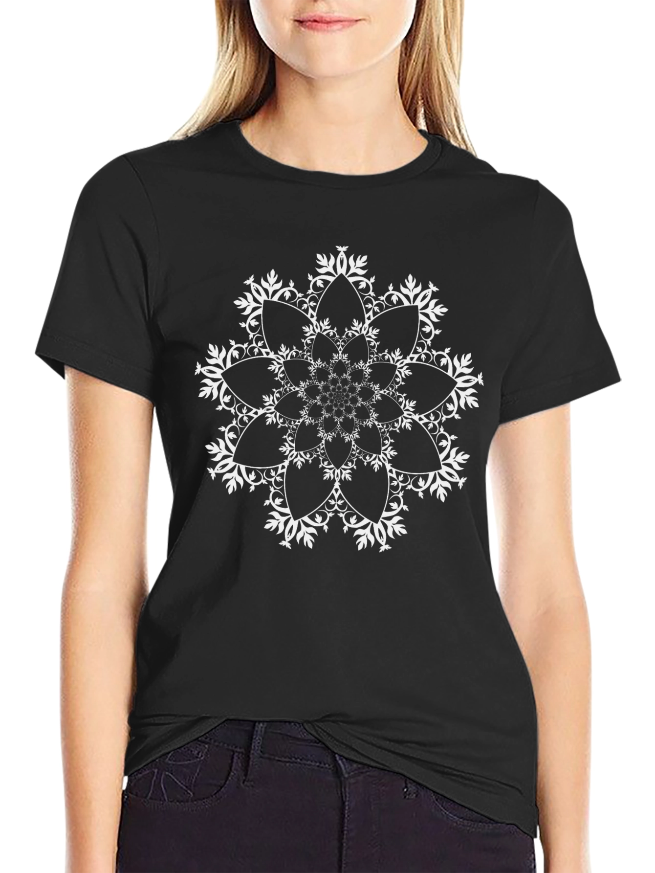Black T-Shirt with Floral Mandala Design