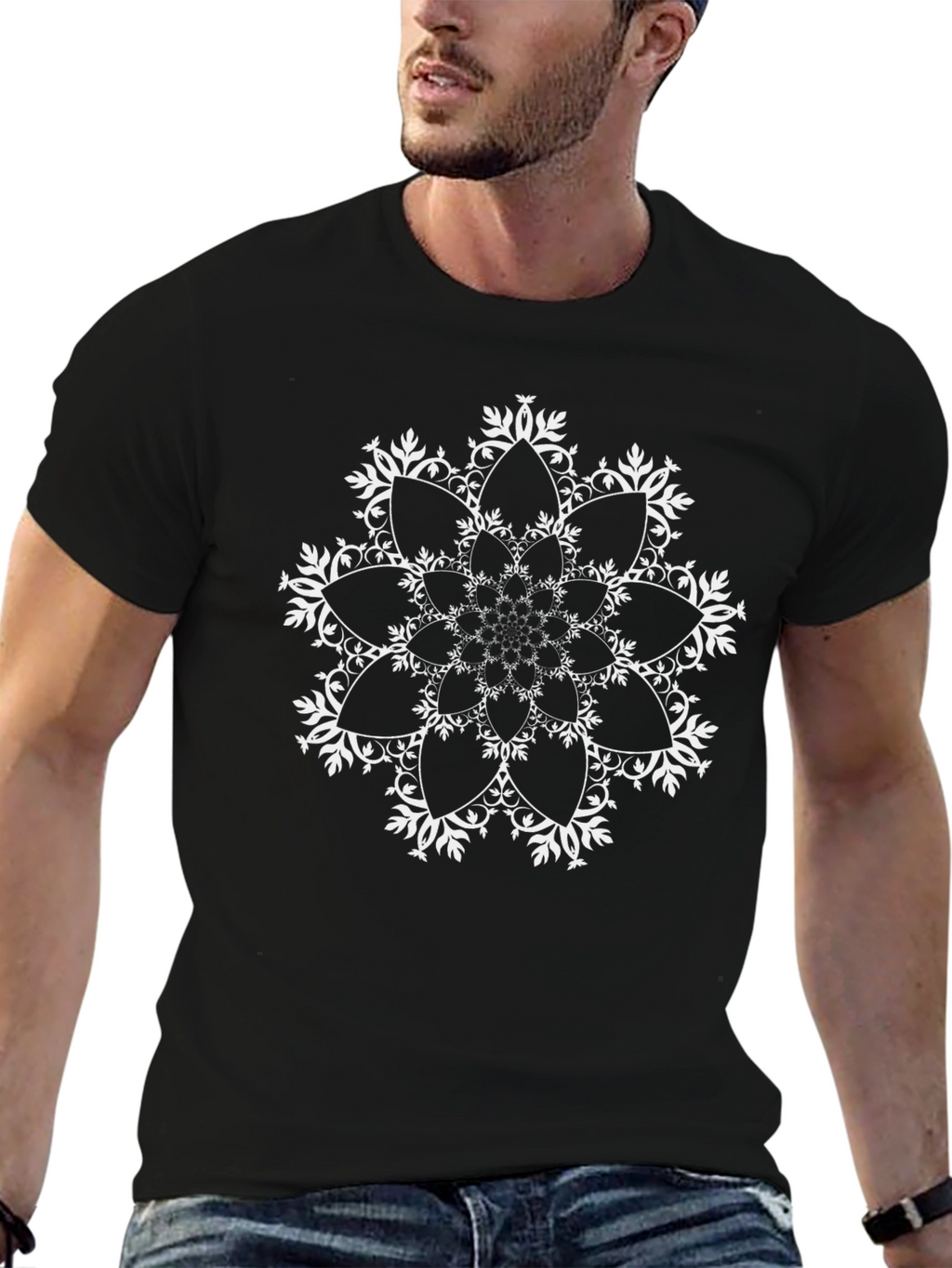 Black T-Shirt with Floral Mandala Design