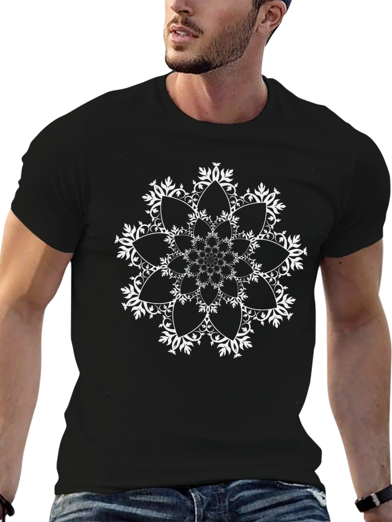 Black T-Shirt with Floral Mandala Design