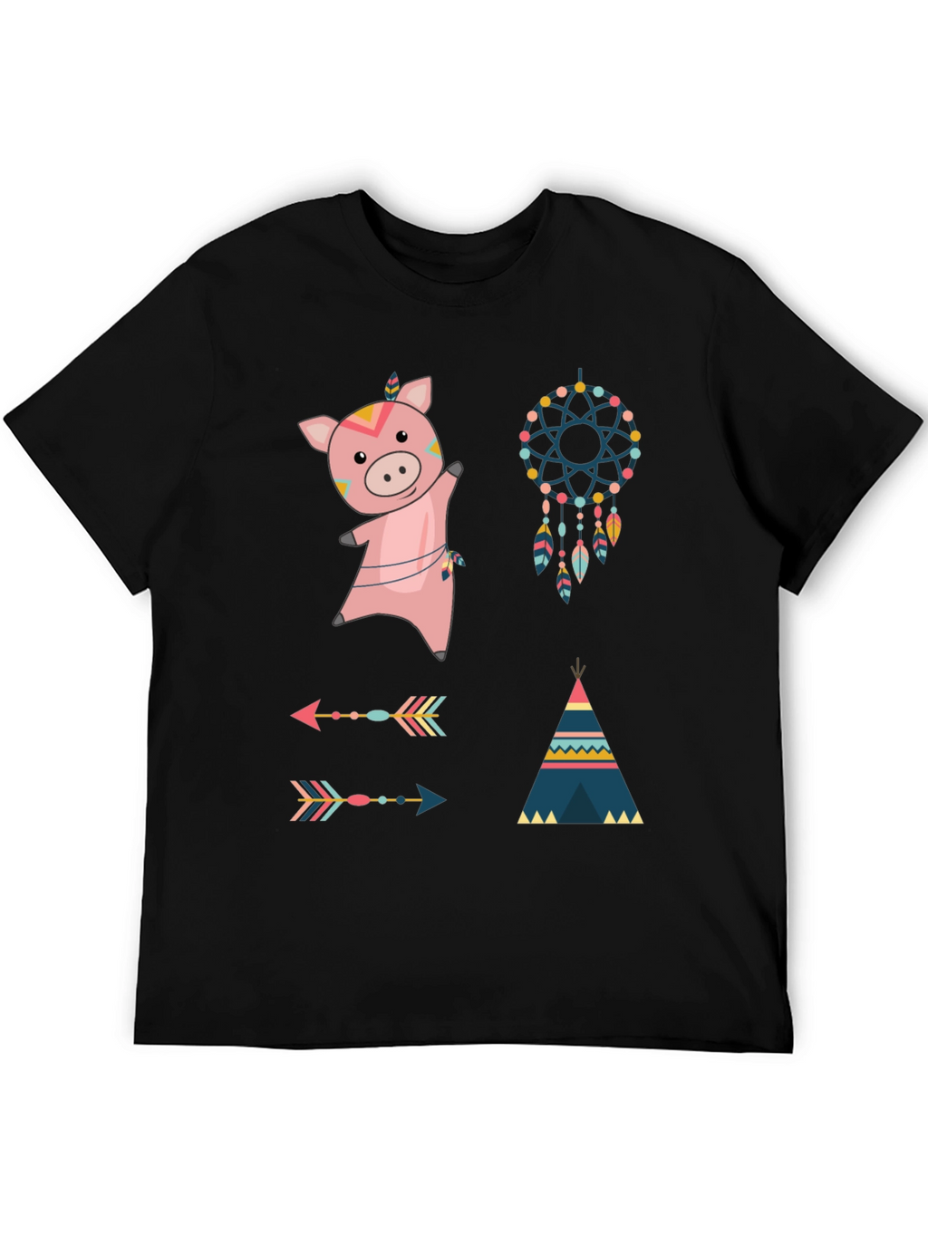 Whimsical Tribal Pig Graphic Tee - Black Cotton Blend