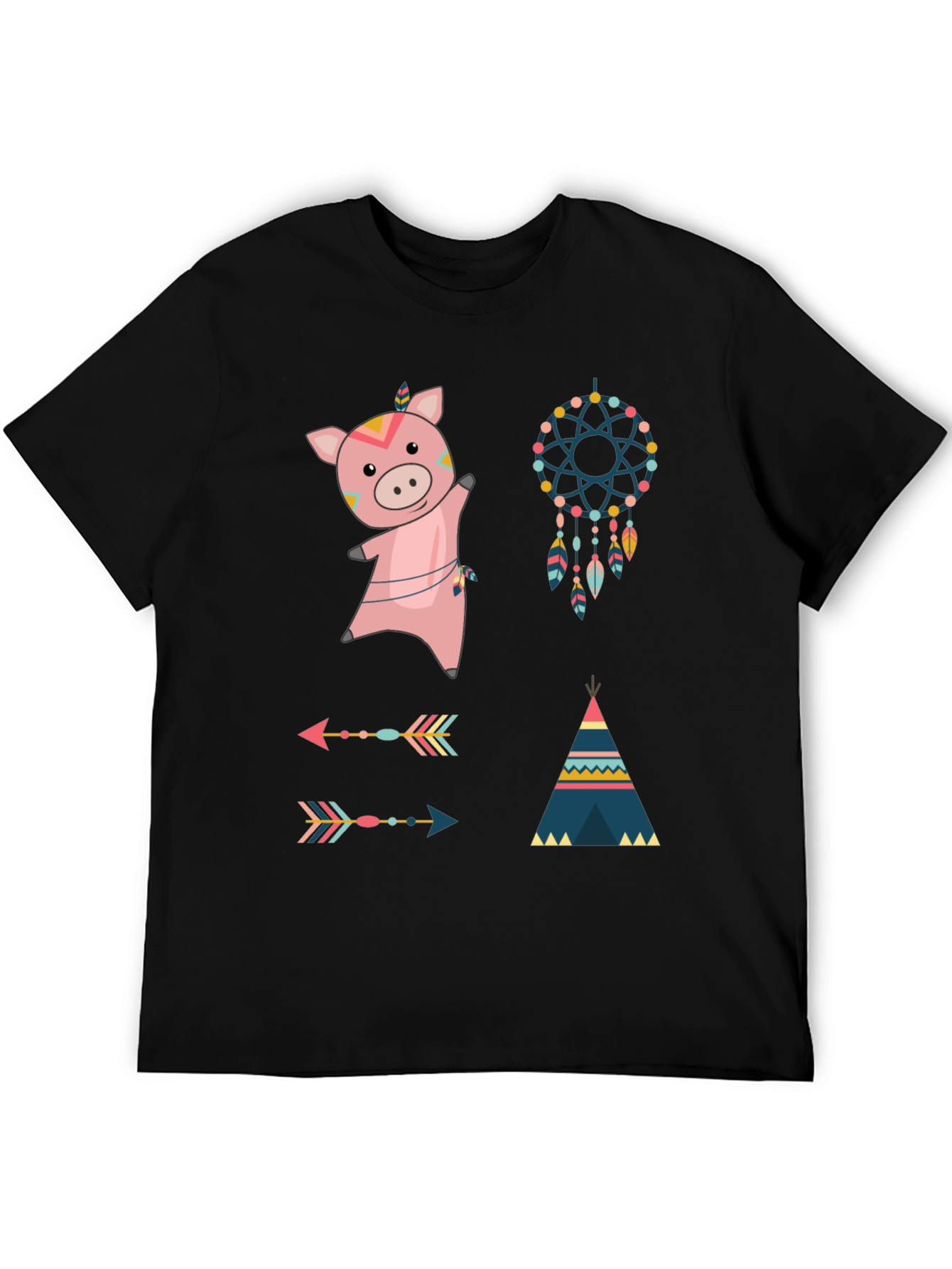 Whimsical Tribal Pig Graphic Tee - Black Cotton Blend