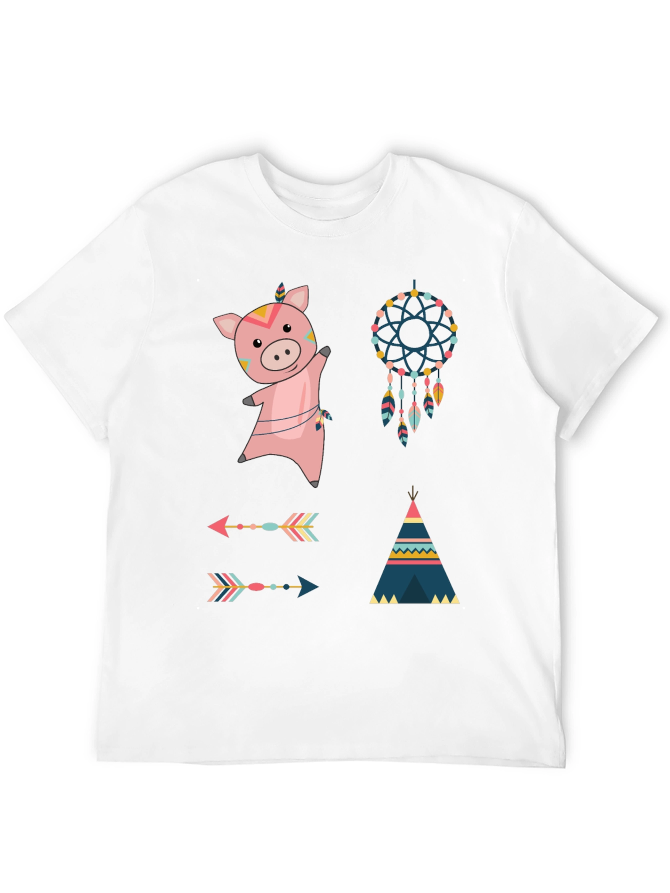Whimsical Tribal Pig Graphic Tee - Black Cotton Blend