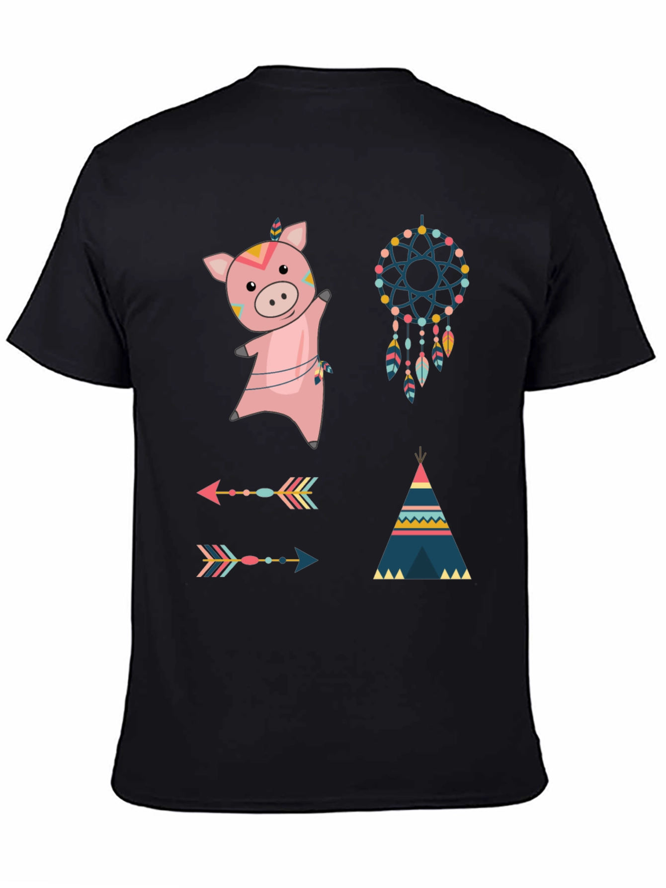 Whimsical Tribal Pig Graphic Tee - Black Cotton Blend