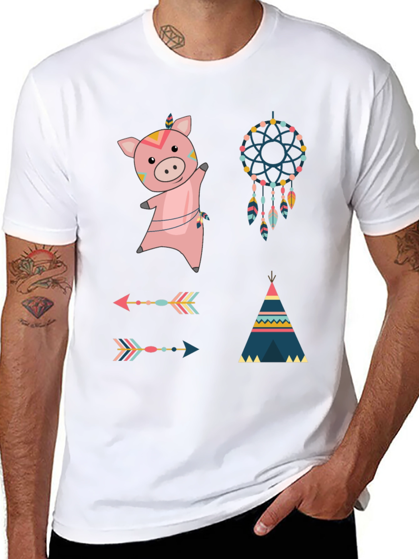 Whimsical Tribal Pig Graphic Tee - Black Cotton Blend