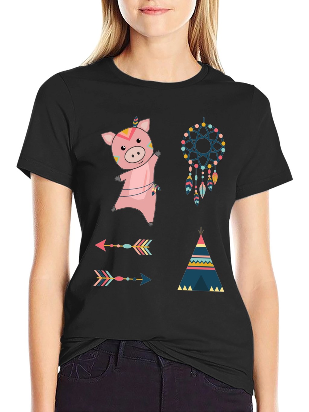 Whimsical Tribal Pig Graphic Tee - Black Cotton Blend