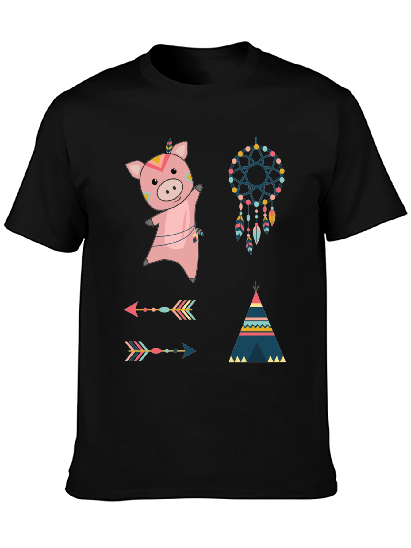 Whimsical Tribal Pig Graphic Tee - Black Cotton Blend