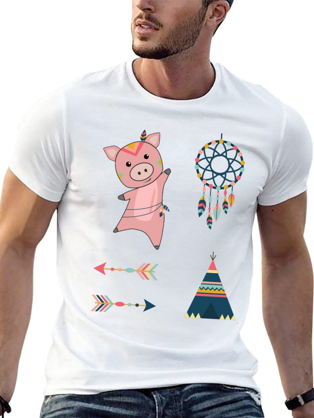 Whimsical Tribal Pig Graphic Tee - Black Cotton Blend