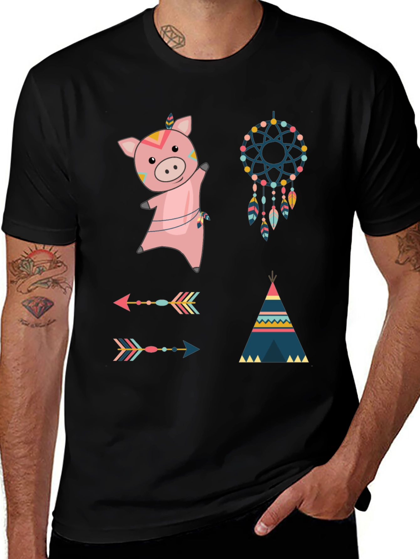 Whimsical Tribal Pig Graphic Tee - Black Cotton Blend