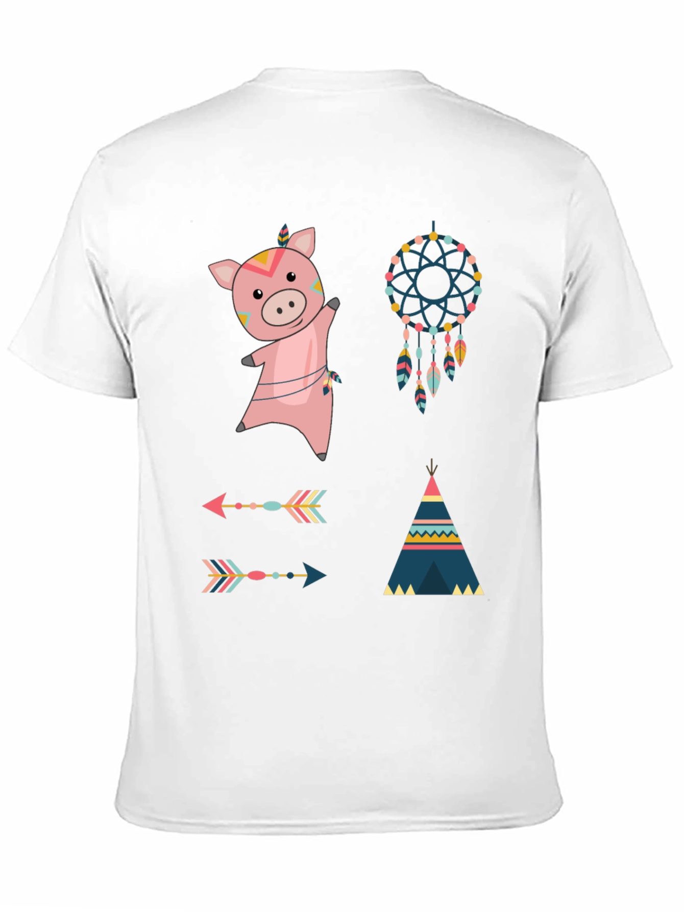 Whimsical Tribal Pig Graphic Tee - Black Cotton Blend
