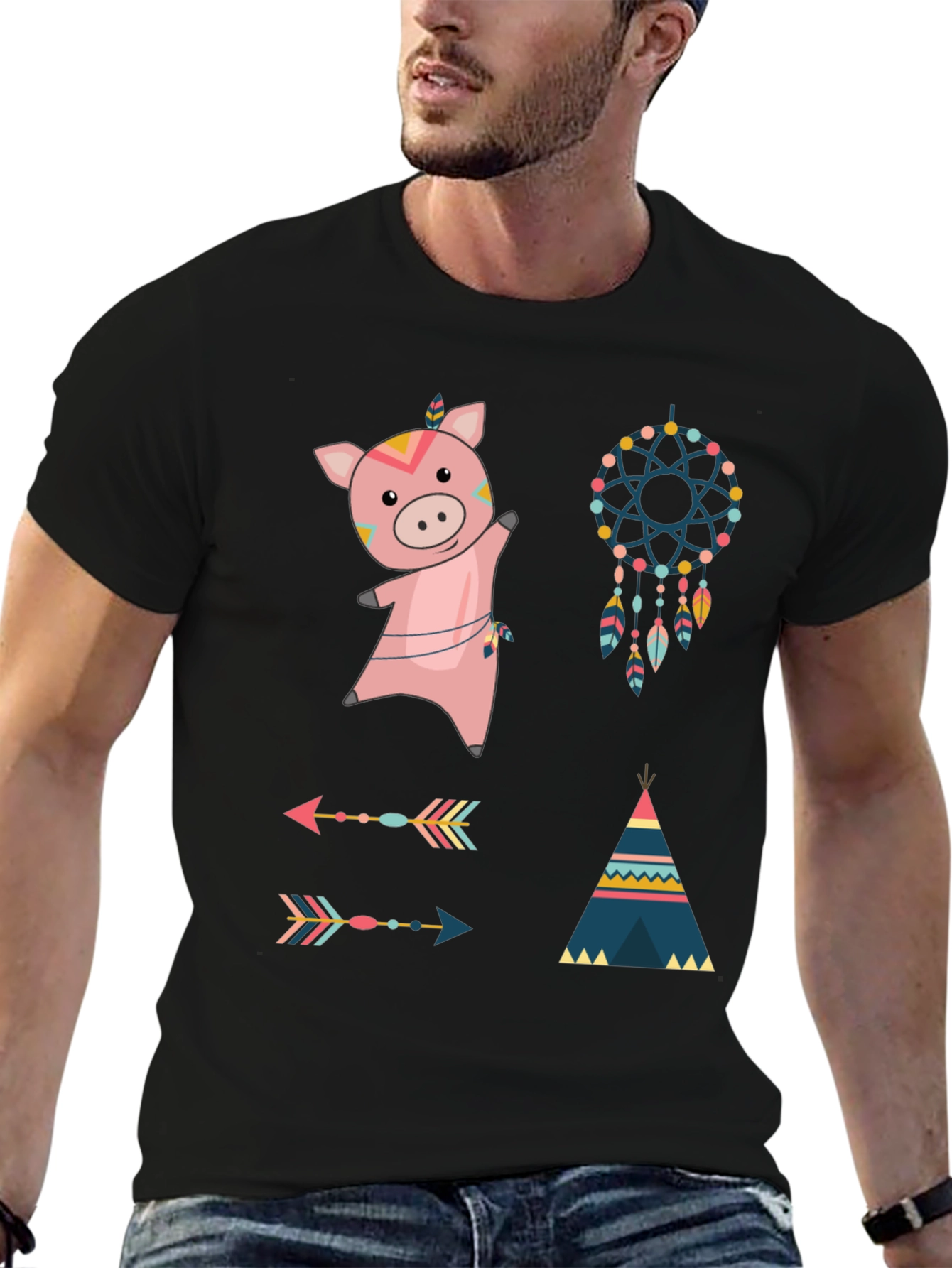 Whimsical Tribal Pig Graphic Tee - Black Cotton Blend